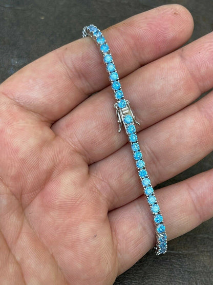 Italiano Silver, Inc 3mm Tennis Bracelet Real 925 Sterling Silver Aquamarine Blue Sapphire Diamond