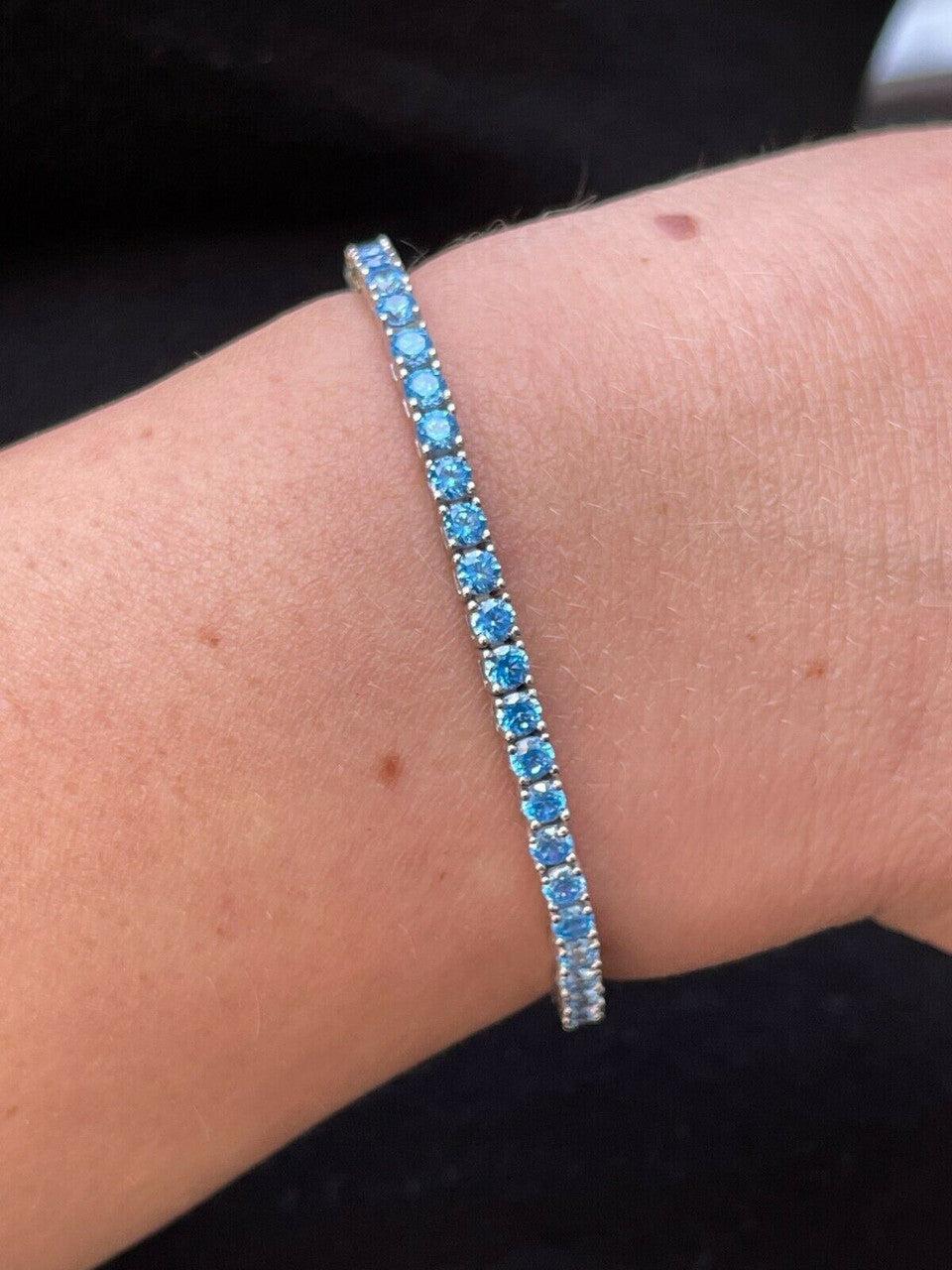 Italiano Silver, Inc 3mm Tennis Bracelet Real 925 Sterling Silver Aquamarine Blue Sapphire Diamond