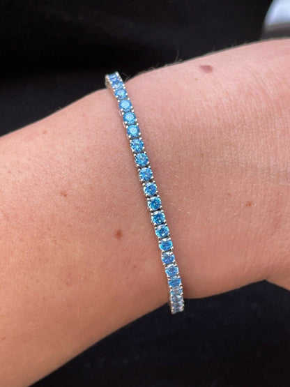 Italiano Silver, Inc 3mm Tennis Bracelet Real 925 Sterling Silver Aquamarine Blue Sapphire Diamond
