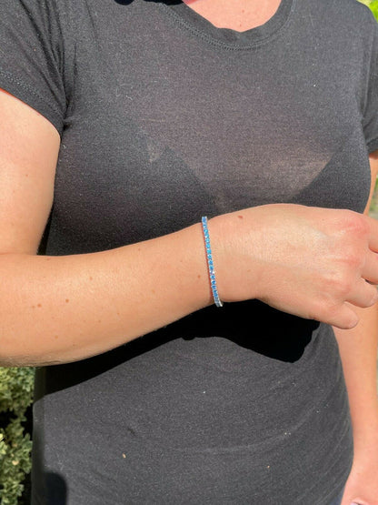 Italiano Silver, Inc 3mm Tennis Bracelet Real 925 Sterling Silver Aquamarine Blue Sapphire Diamond