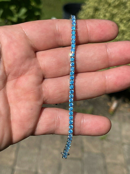 Italiano Silver, Inc 3mm Tennis Bracelet Real 925 Sterling Silver Aquamarine Blue Sapphire Diamond