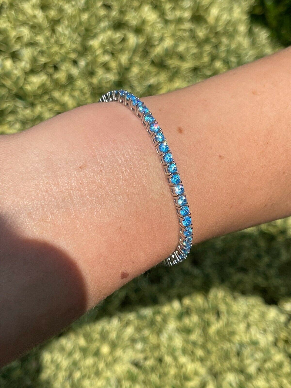 Italiano Silver, Inc 3mm Tennis Bracelet Real 925 Sterling Silver Aquamarine Blue Sapphire Diamond