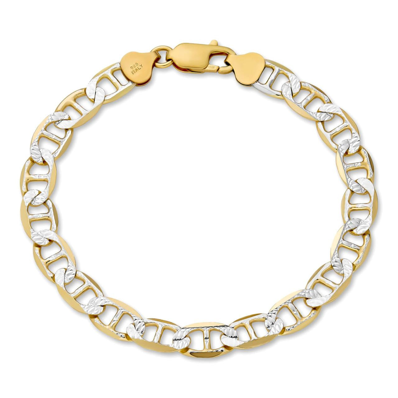 Italiano Silver, Inc. 925 Sterling Silver 14k Gold Plated Two Tone Diamond Cut Mariner Link Bracelet