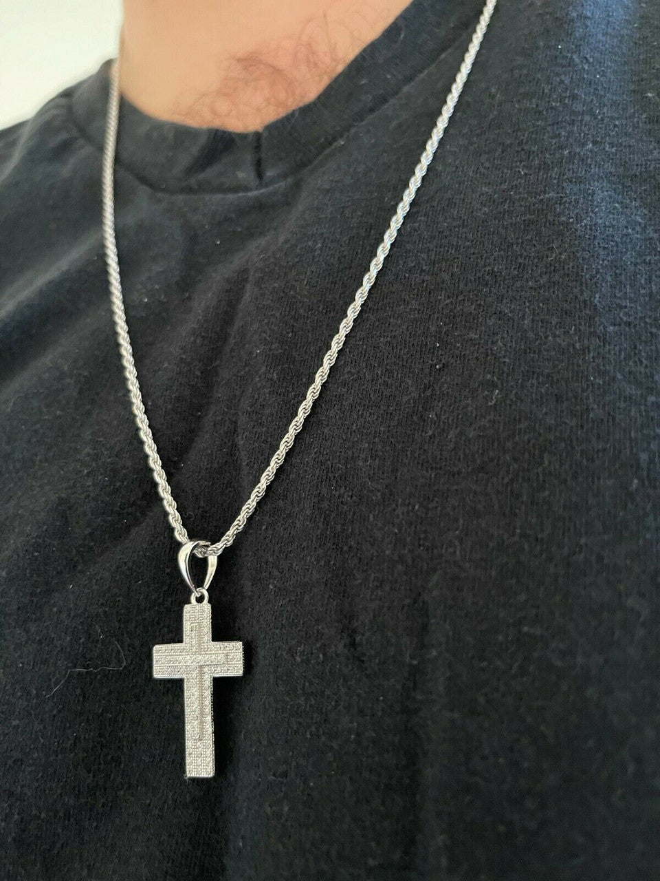 Italiano Silver, Inc 925 Sterling Silver Cross Pendant Necklace Iced MOISSANITE Passes Diamond Tester