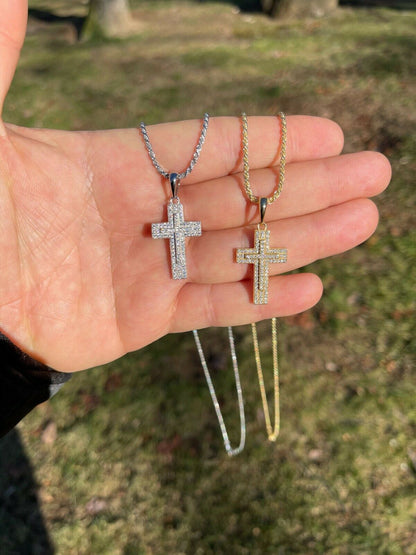 Italiano Silver, Inc 925 Sterling Silver Cross Pendant Necklace Iced MOISSANITE Passes Diamond Tester