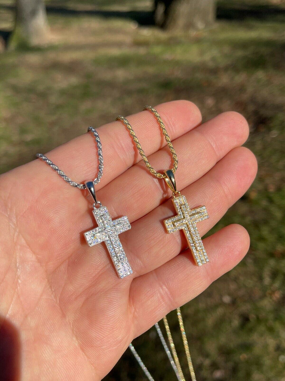 Italiano Silver, Inc 925 Sterling Silver Cross Pendant Necklace Iced MOISSANITE Passes Diamond Tester