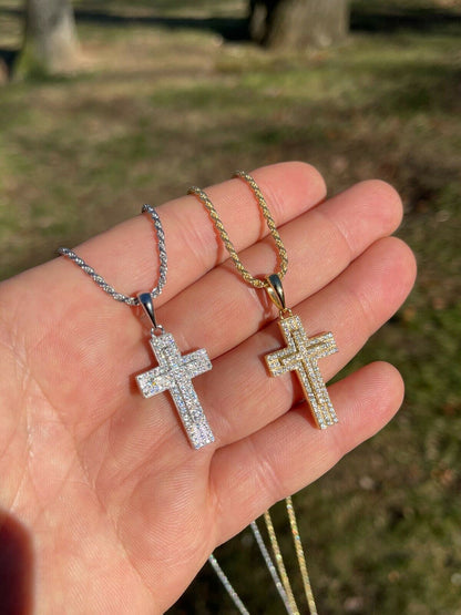 Italiano Silver, Inc 925 Sterling Silver Cross Pendant Necklace Iced MOISSANITE Passes Diamond Tester