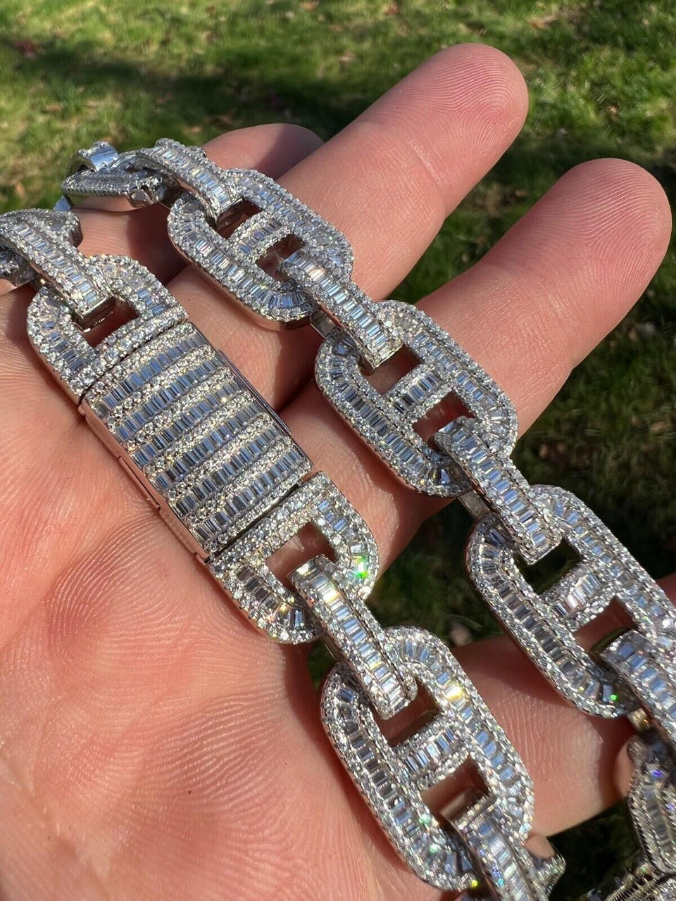 Italiano Silver, Inc. Baguette MOISSANITE Solid 925 Silver Gucci Link Chain Necklace Pass Diamond Test