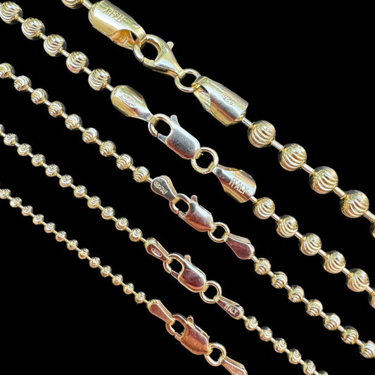 Italiano Silver, Inc. Ball Bead Moon Cut "Dog Tag" Chain Necklace - 14k Gold Vermeil 925 Sterling Silver - 16"-30" - 2mm-5mm