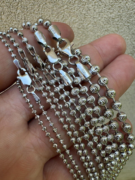 Italiano Silver, Inc. Ball Bead Moon Cut "Dog Tag" Chain Necklace - Rhodium Finish 925 Sterling Silver - 16"-30" - 2mm-5mm