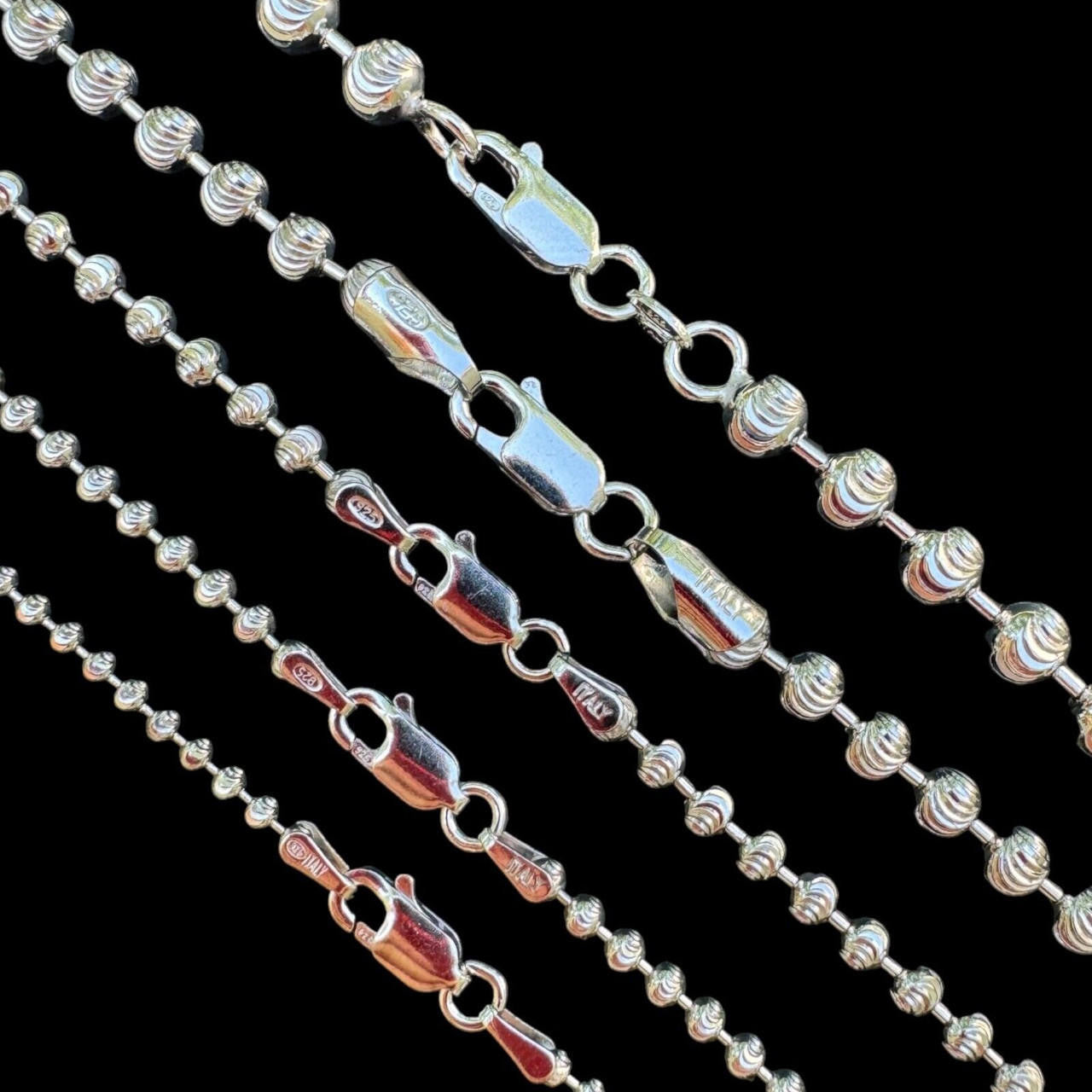 Alfred & Vincent 2mm Moon-Cut Ball Bead Link Italian Chain Necklace – 925 Sterling Silver, 16-36"