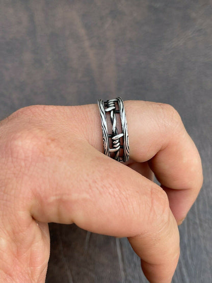Italiano Silver, Inc Barbed Wire Solid 925 Sterling Silver and Black Oxidized Plain Ring Wedding Band