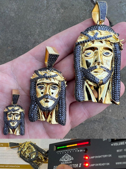 Italiano Silver, Inc. Black MOISSANITE 14k Gold Vermeil 925 Silver Iced Jesus Piece Pendant Necklace Pass Diamond Test