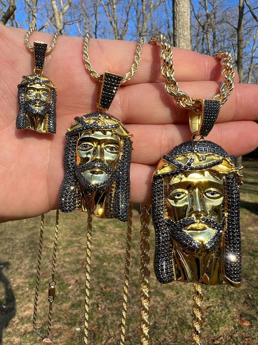 Italiano Silver, Inc. Black MOISSANITE 14k Gold Vermeil 925 Silver Iced Jesus Piece Pendant Necklace Pass Diamond Test