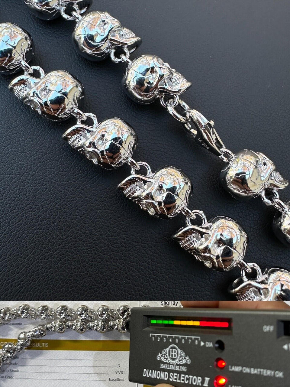Italiano Silver, Inc. Custom Solid 925 Sterling Silver Skull Death Link Chain Necklace W. Moissanite