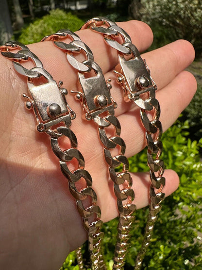 Italiano Silver, Inc. Flat Curb Cuban Link Chain Necklace 14k Rose Gold Plated 925 Silver Box Clasp