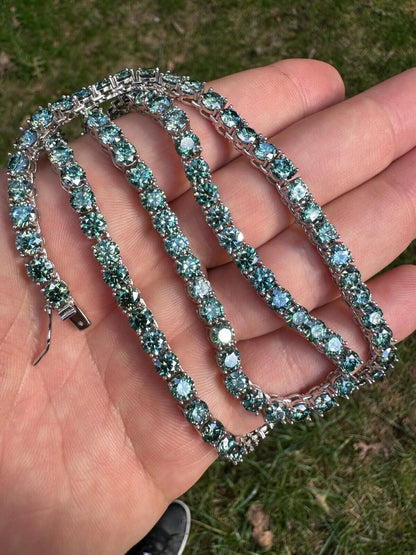 Italiano Silver, Inc. Green Tiffany Blue MOISSANITE 5mm Tennis Chain 925 Silver Iced Necklace Pass Tester