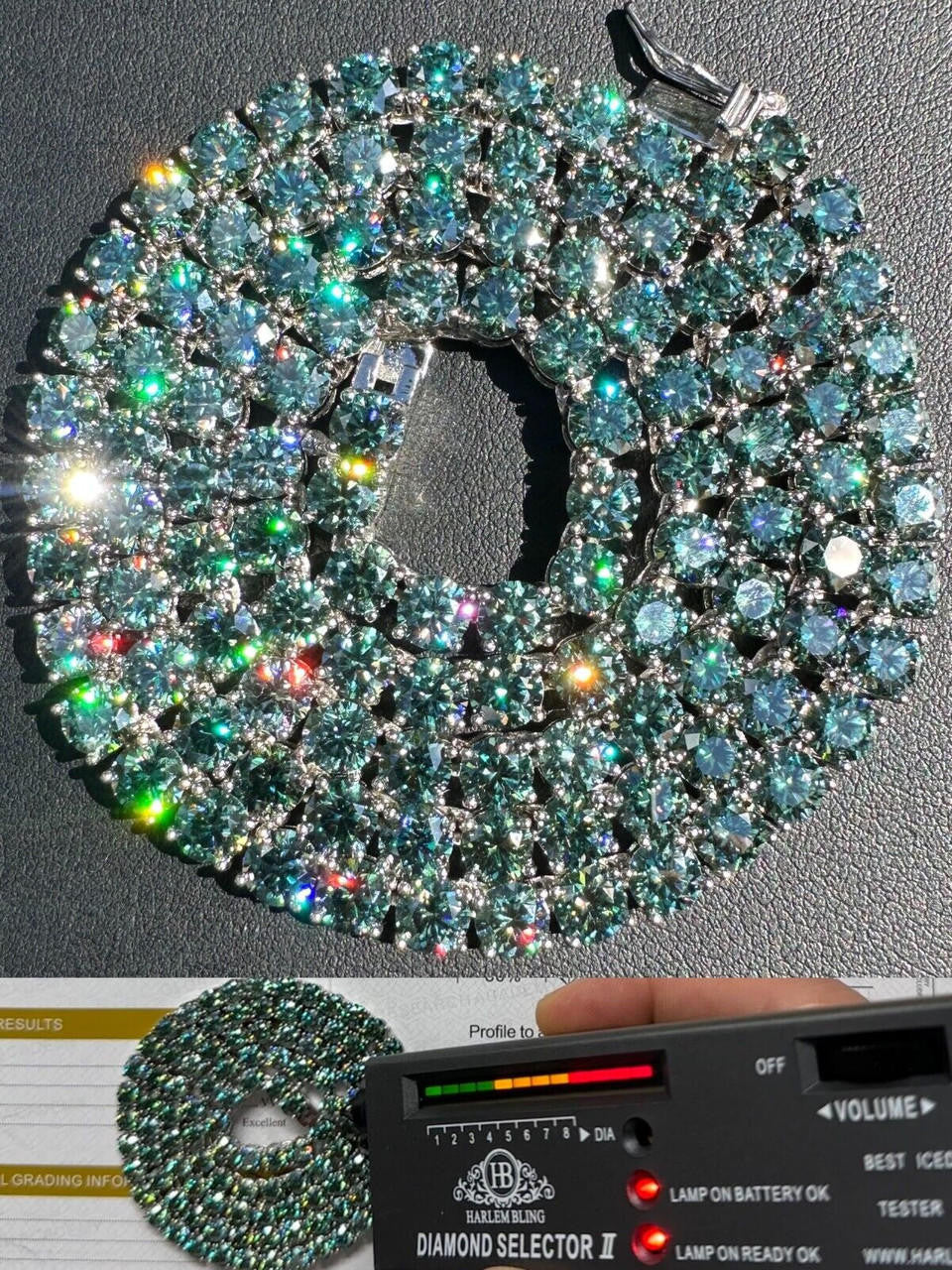 Italiano Silver, Inc. Green Tiffany Blue MOISSANITE 5mm Tennis Chain 925 Silver Iced Necklace Pass Tester