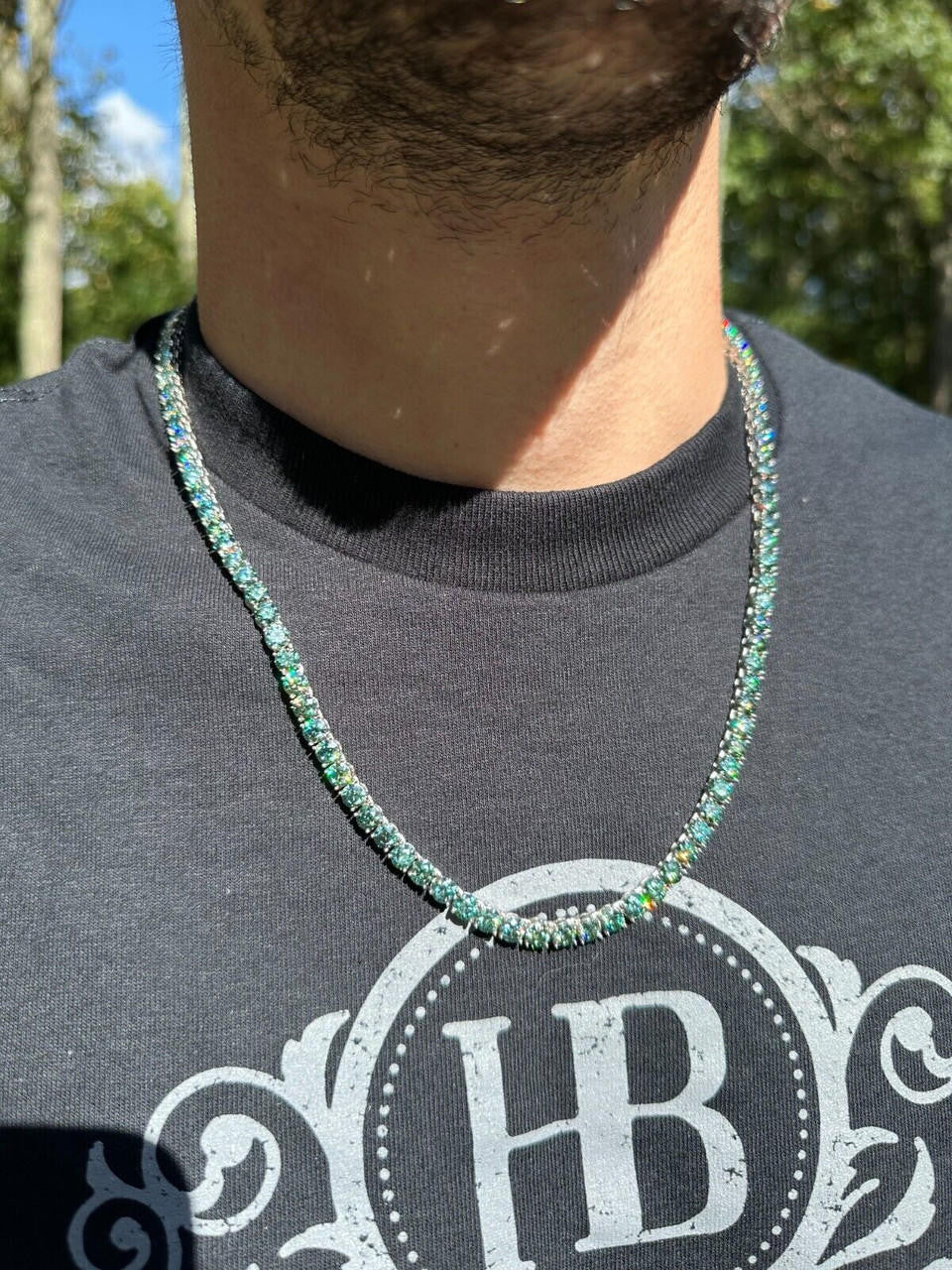 Italiano Silver, Inc. Green Tiffany Blue MOISSANITE 5mm Tennis Chain 925 Silver Iced Necklace Pass Tester