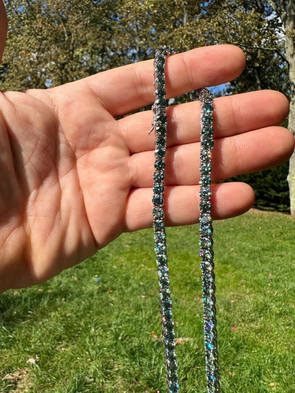 Italiano Silver, Inc. Green Tiffany Blue MOISSANITE 5mm Tennis Chain 925 Silver Iced Necklace Pass Tester