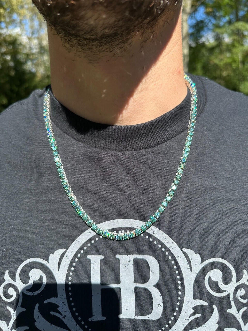 Italiano Silver, Inc. Green Tiffany Blue MOISSANITE 5mm Tennis Chain 925 Silver Iced Necklace Pass Tester