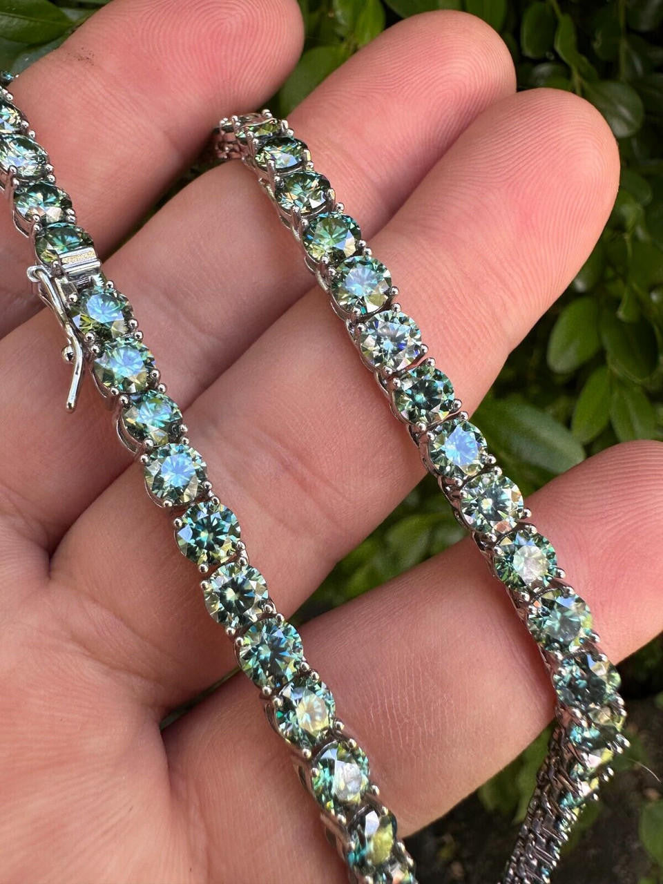 Italiano Silver, Inc. Green Tiffany Blue MOISSANITE 5mm Tennis Chain 925 Silver Iced Necklace Pass Tester
