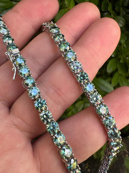 Italiano Silver, Inc. Green Tiffany Blue MOISSANITE 5mm Tennis Chain 925 Silver Iced Necklace Pass Tester