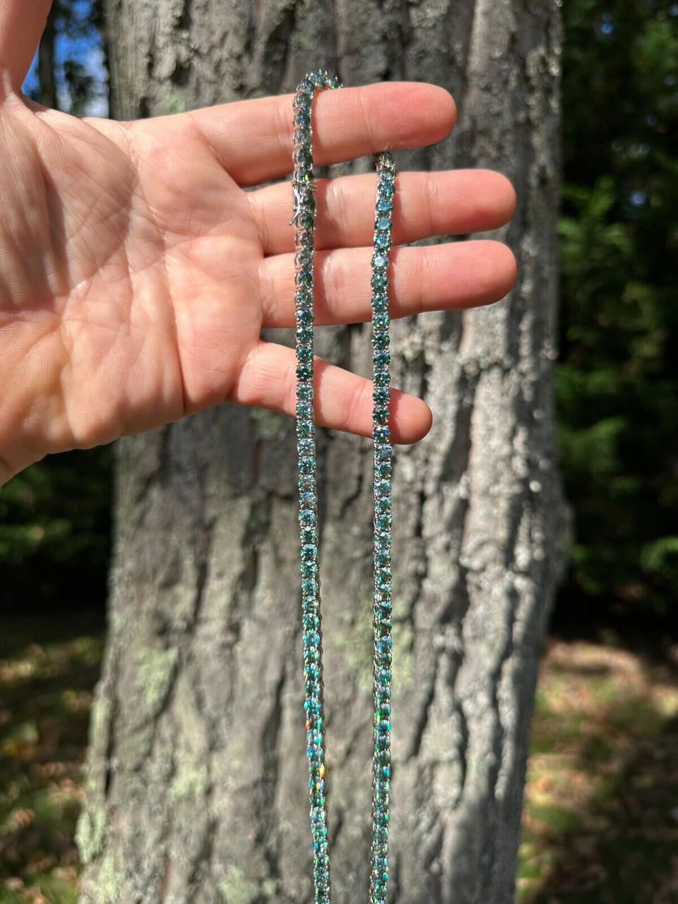 Italiano Silver, Inc. Green Tiffany Blue MOISSANITE 5mm Tennis Chain 925 Silver Iced Necklace Pass Tester