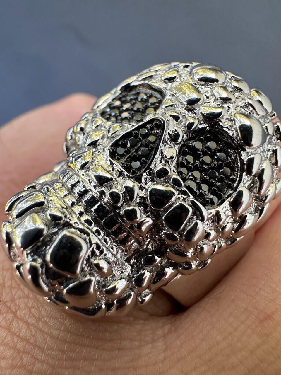Italiano Silver, Inc. HEAVY Nugget Death Skull Ring Mens Real Solid 925 Silver Real Black MOISSANITE