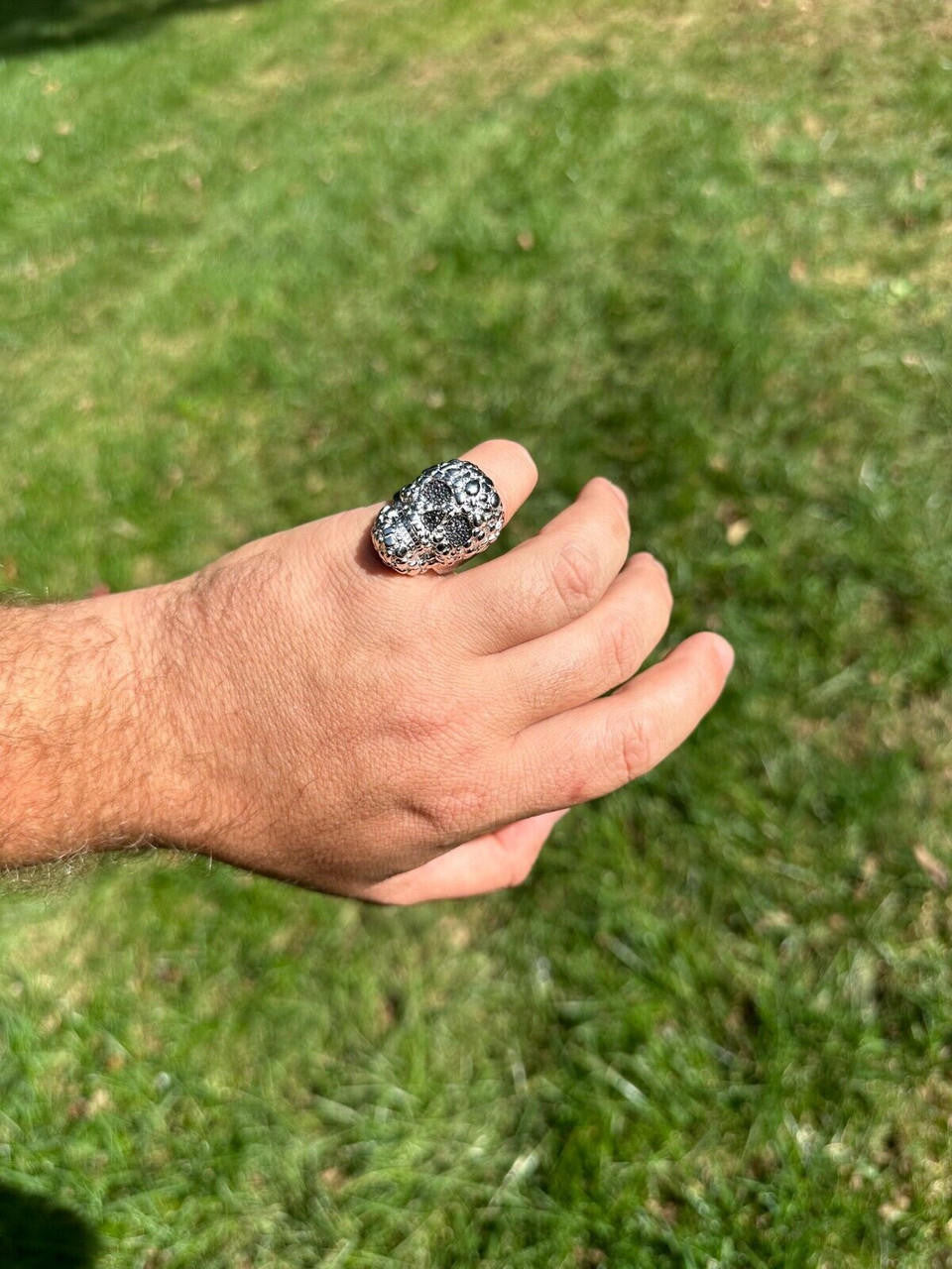 Italiano Silver, Inc. HEAVY Nugget Death Skull Ring Mens Real Solid 925 Silver Real Black MOISSANITE