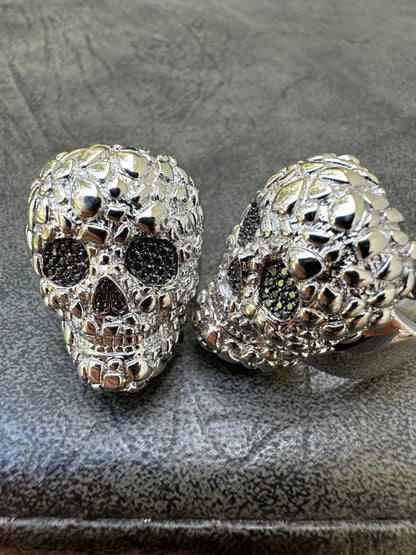 Italiano Silver, Inc. HEAVY Nugget Death Skull Ring Mens Real Solid 925 Silver Real Black MOISSANITE