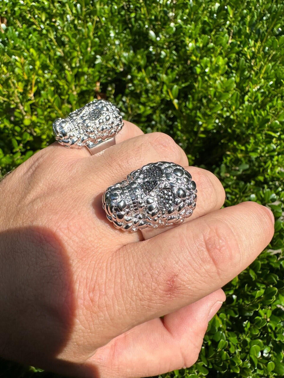 Italiano Silver, Inc. HEAVY Nugget Death Skull Ring Mens Real Solid 925 Silver Real Black MOISSANITE