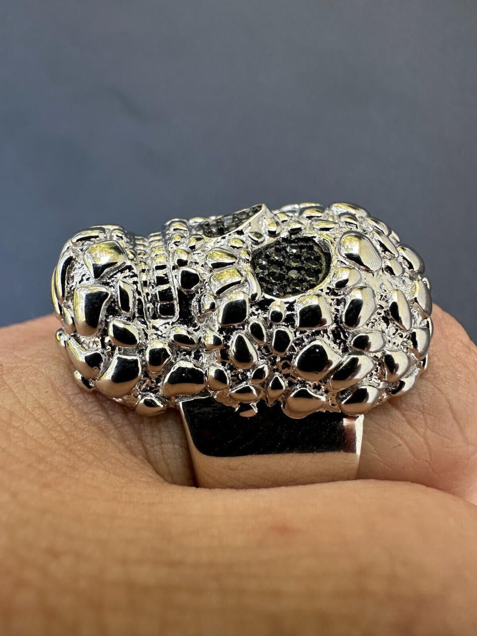 Italiano Silver, Inc. HEAVY Nugget Death Skull Ring Mens Real Solid 925 Silver Real Black MOISSANITE