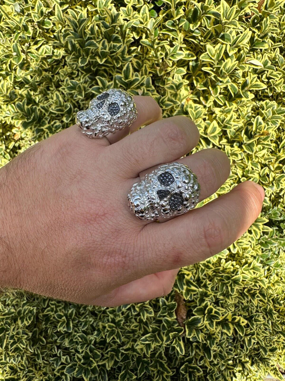 Italiano Silver, Inc. HEAVY Nugget Death Skull Ring Mens Real Solid 925 Silver Real Black MOISSANITE