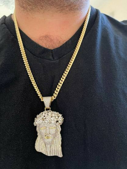 Italiano Silver, Inc HipHop 14k Gold and 925 Sterling Silver Two Tone Baguette Jesus Piece Pendant Iced