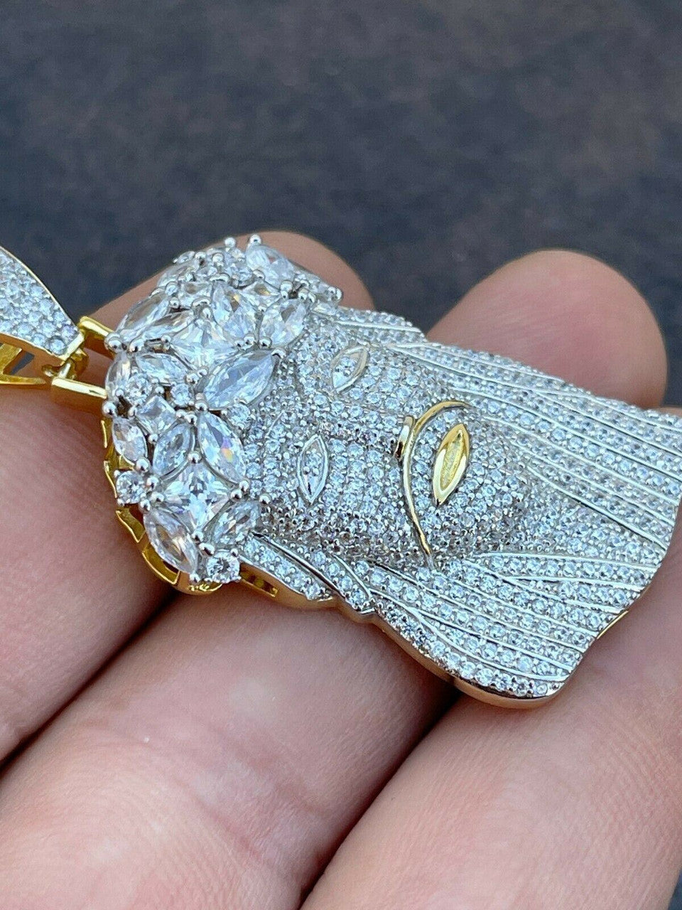 Italiano Silver, Inc HipHop 14k Gold and 925 Sterling Silver Two Tone Baguette Jesus Piece Pendant Iced