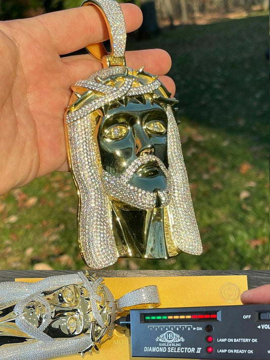 Italiano Silver, Inc HUGE 6 30ct Moissanite 14k Gold Vermeil Mens Iced Jesus Piece Pendant Necklace