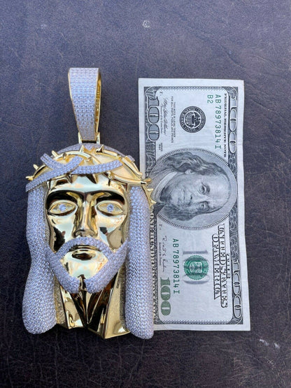 Italiano Silver, Inc HUGE 6 450 Gram 14k Gold Real 925 Silver Mens Iced Jesus Piece Pendant Necklace