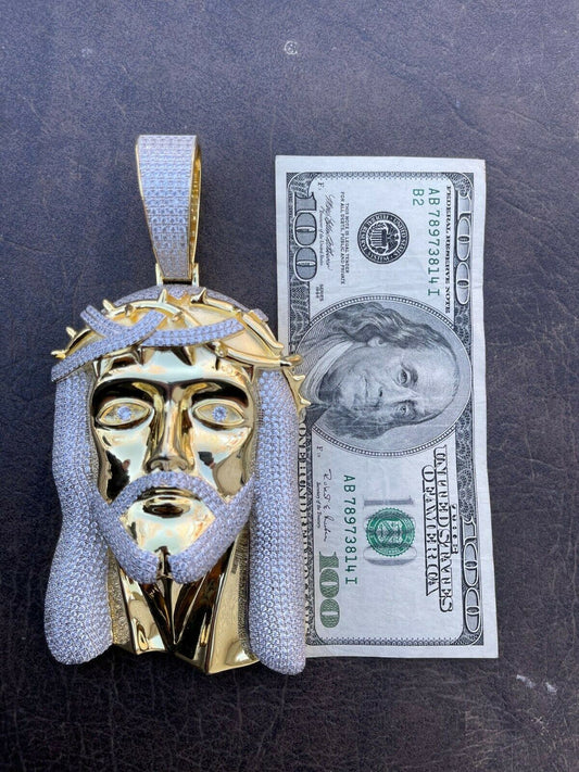 Italiano Silver, Inc HUGE 6 450 Gram 14k Gold Real 925 Silver Mens Iced Jesus Piece Pendant Necklace
