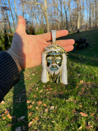 Italiano Silver, Inc HUGE 6 450 Gram 14k Gold Real 925 Silver Mens Iced Jesus Piece Pendant Necklace