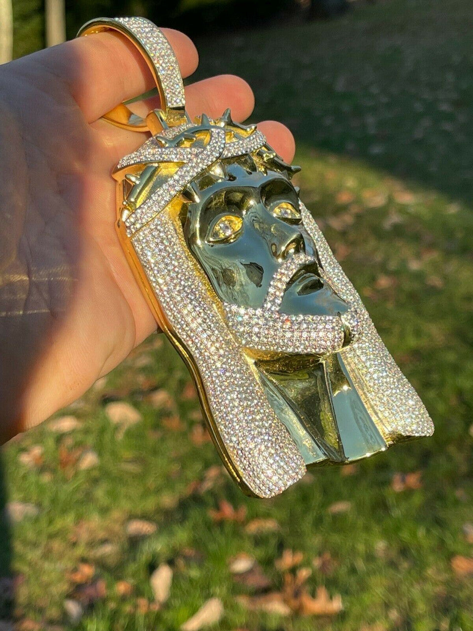 Italiano Silver, Inc HUGE 6 450 Gram 14k Gold Real 925 Silver Mens Iced Jesus Piece Pendant Necklace