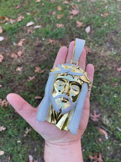 Italiano Silver, Inc HUGE 6 450 Gram 14k Gold Real 925 Silver Mens Iced Jesus Piece Pendant Necklace