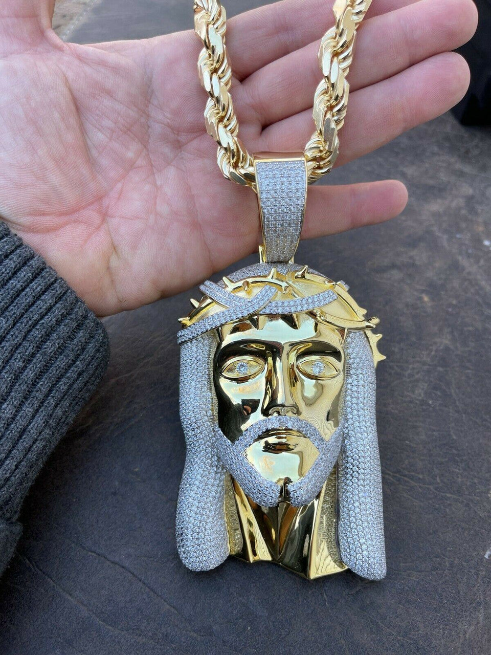 Italiano Silver, Inc HUGE 6 450 Gram 14k Gold Real 925 Silver Mens Iced Jesus Piece Pendant Necklace