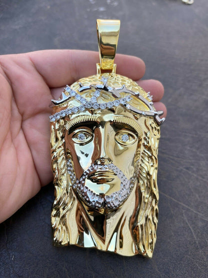 Italiano Silver, Inc HUGE 6 Iced MOISSANITE 14k Gold and 925 Silver Mens Jesus Piece Pendant Necklace