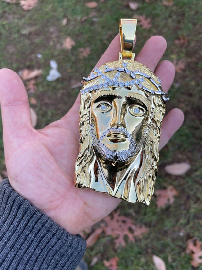 Italiano Silver, Inc HUGE 6 Iced MOISSANITE 14k Gold and 925 Silver Mens Jesus Piece Pendant Necklace