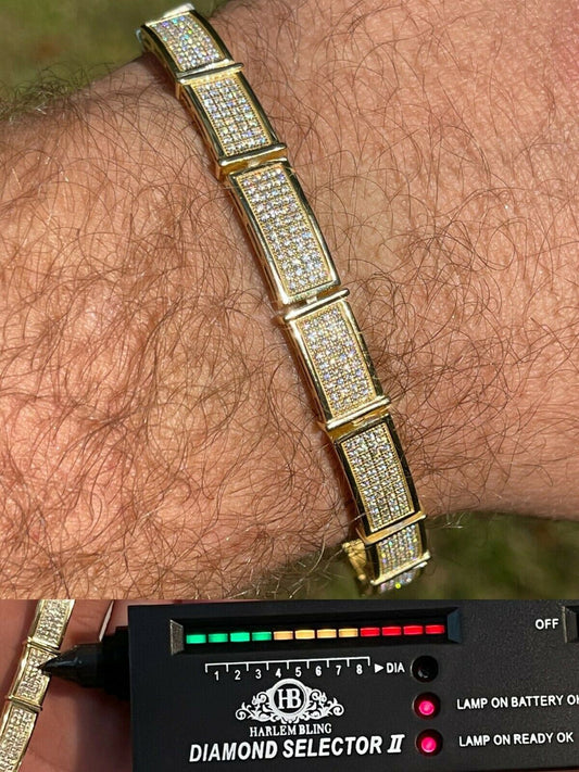 Italiano Silver, Inc Iced MOISSANITE Men Hip Hop Custom Bracelet Real 14k Gold Vermeil Diamond Test 