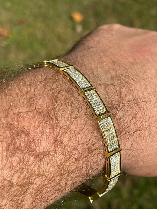 Italiano Silver, Inc Iced MOISSANITE Men Hip Hop Custom Bracelet Real 14k Gold Vermeil Diamond Test 