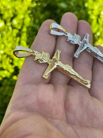 Italiano Silver, Inc LARGE Real 925 Sterling Silver Plain Gold Cross Jesus Crucifix Pendant Necklace