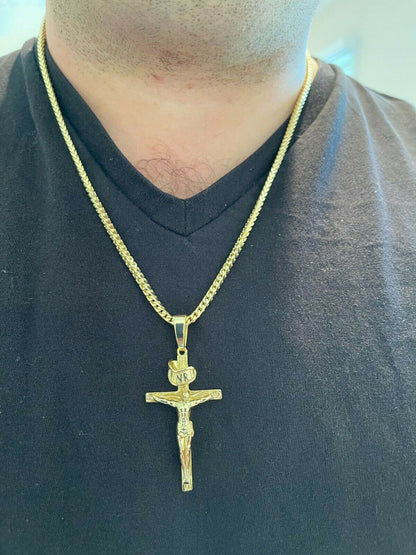 Italiano Silver, Inc LARGE Real 925 Sterling Silver Plain Gold Cross Jesus Crucifix Pendant Necklace