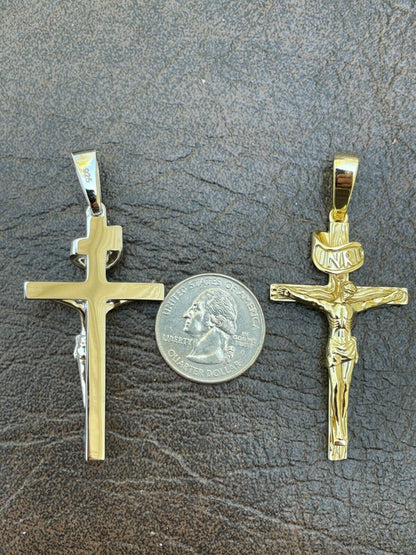 Italiano Silver, Inc LARGE Real 925 Sterling Silver Plain Gold Cross Jesus Crucifix Pendant Necklace